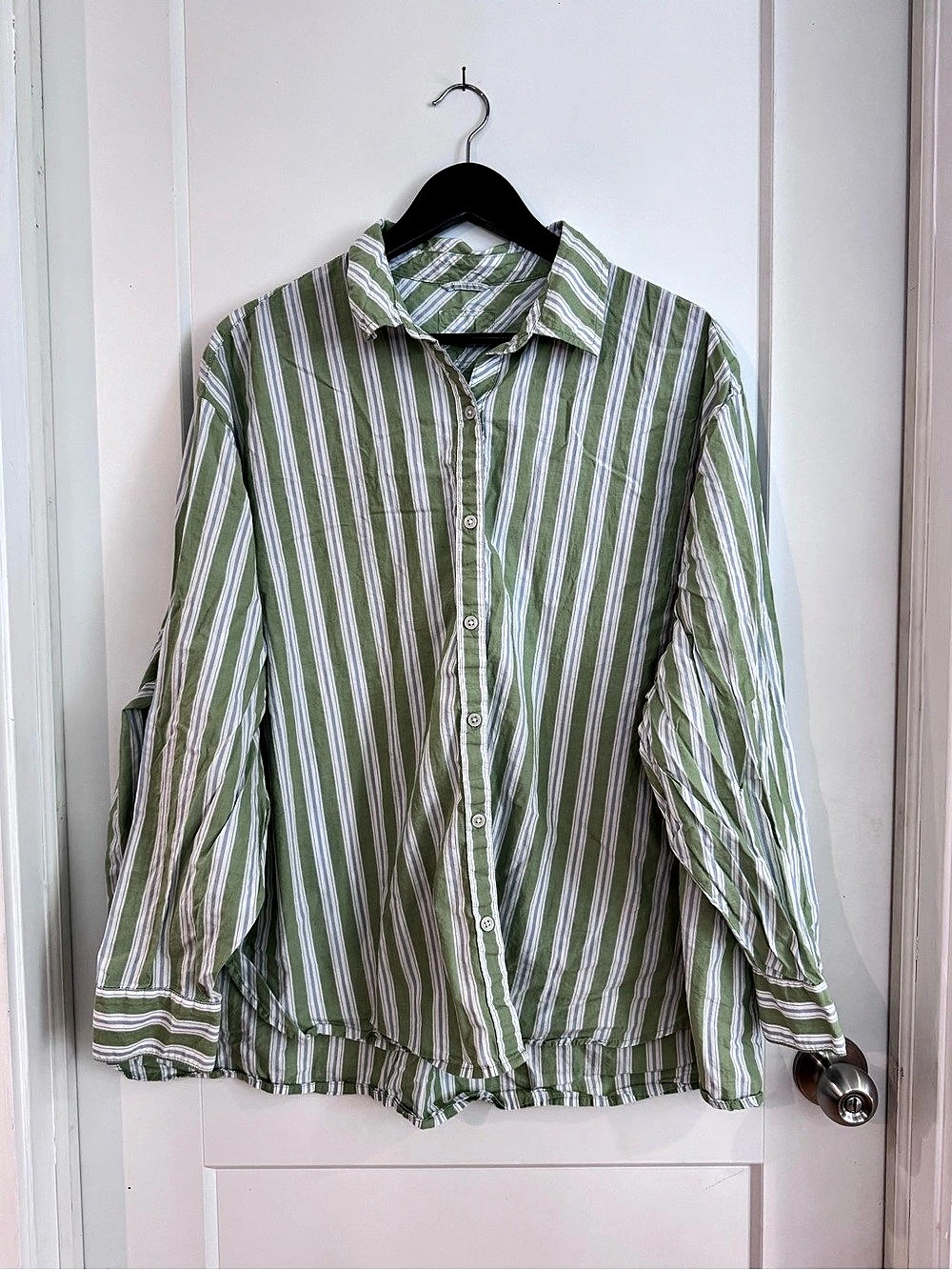 Aerie Striped Over Sized Green & Blue Cotton Button Down Shirt - Size Large
